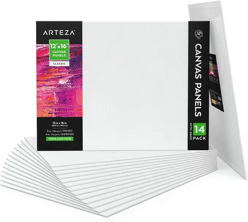 ARTEZA Tableros de lienzo para pintura, 12 x 16 pulgadas, paquete de 14, paneles de lienzo blanco en blanco para pintura acrílica, óleo y gouache