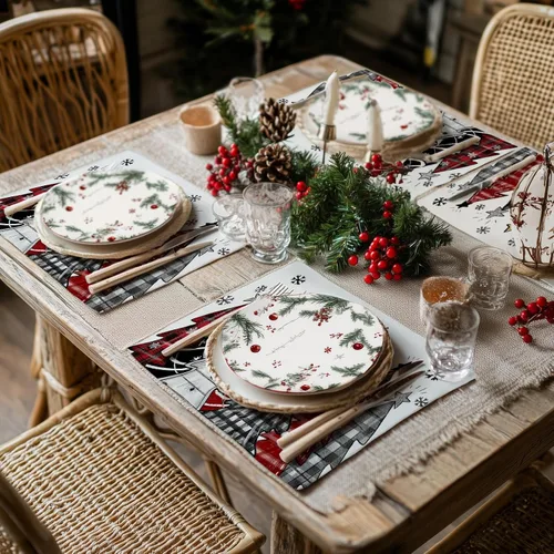 Miniatura 6 de GEEORY Manteles Individuales de Navidad 12x18 Pulgadas Juego de 4, Árboles de Navidad Copos de Nieve Invierno Estacional Vacaciones Estilo Granja