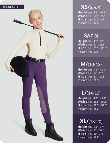 Miniatura 12 de baleaf Pantalones de equitación para niñas, pantalones ecuestres para niños, con parche en la rodilla, bolsillo con cremallera