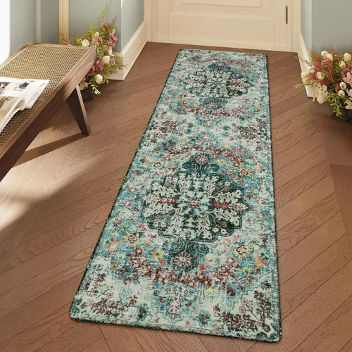 Miniatura 33 de Lahome Alfombra bohemia con medallón floral, 4 x 6 pies, color verde azulado, suave, lavable, antideslizante, apta para mascotas, alfombra