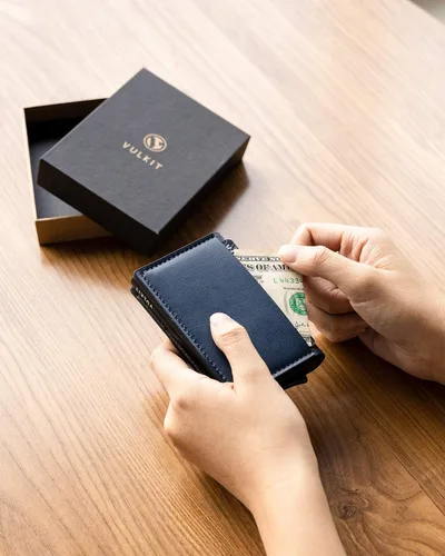 Miniatura 18 de VULKIT Tarjetero RFID Bloqueo de Cuero Automático Pop Up Cartera Aluminio Slim Pocket Tarjeta de Visita