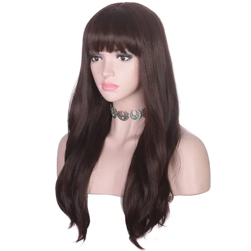 Miniatura 2 de morvally Peluca larga ondulada con flequillo para mujer, cabello sintético moreno, resistente al calor, aspecto natural para uso diario
