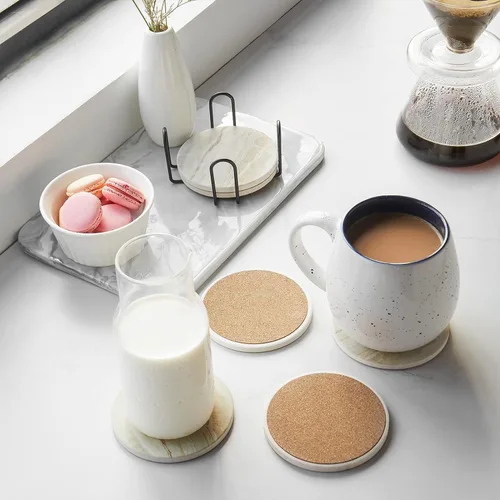 Miniatura 5 de LIFVER Juego de 6 posavasos para bebidas, piedra absorbente con soporte, posavasos de cerámica estilo mármol negro para protección de mesa, amarillo