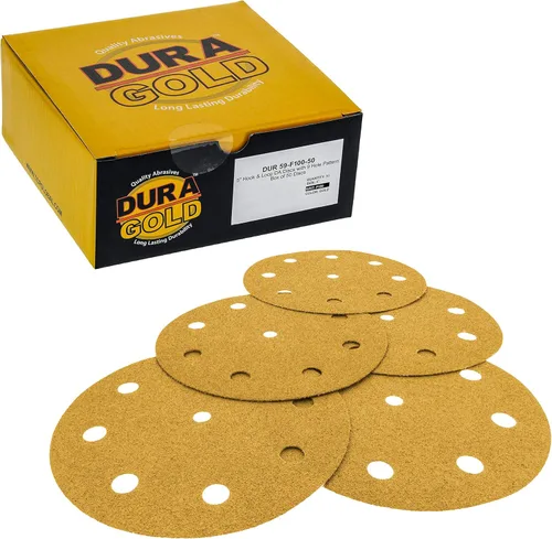 Miniatura 14 de Dura-Gold Discos de lijado dorados de 5 pulgadas de alta calidad, grano 320 (caja de 50), papel de lija de 9 agujeros sin polvo con gancho y bucle