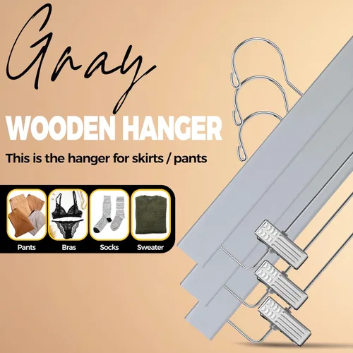 Miniatura 7 de Quality Hangers Juego de 100 perchas de madera para pantalones, juego de 100 ganchos giratorios para ropa, falda de madera de loto, pantalones, Gris