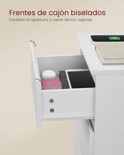 Miniatura 6 de VASAGLE Mesita de noche con estación de carga, 2 salidas de CA y 2 puertos USB, mesita de noche, mesa auxiliar con 3 cajones, estilo moderno, 13.8 x