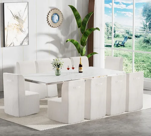 Miniatura 11 de Juego de mesa de comedor extensible marrón de 9 piezas para 8, 63 a 78.74 pulgadas, juego de mesa de cocina y comedor, mesa de comedor extensible