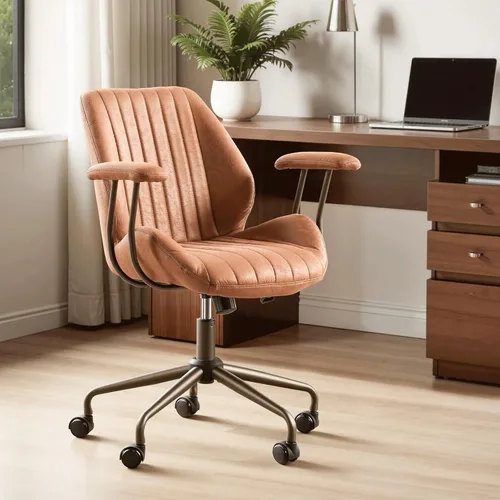 Miniatura 10 de ovios Silla de oficina en casa, sillas ergonómicas de piel sintética de mediados de siglo, respaldo medio, cómodo sillón ejecutivo giratorio