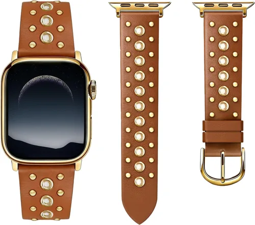 Miniatura 11 de HANDODO Correa de piel auténtica italiana con detalles de cadena dorada, compatible con Apple Watch Series 10 9 8 7 6 5 4 3 2 1 SE SE2 Ultra, correa