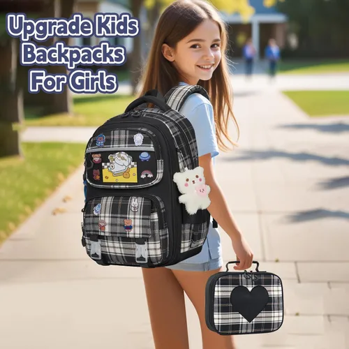 Miniatura 6 de Linda mochila para niñas, paquete de 5 mochila kawaii estética con juego de lonchera, bonita mochila escolar negra para niños y adolescentes