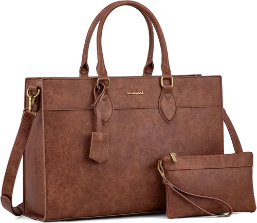 Miniatura 11 de LOVEVOOK Bolsa para laptop para mujer, bolsa de trabajo para laptop de 15.6 pulgadas, maletín grande de cuero impermeable para oficina, beige y negro