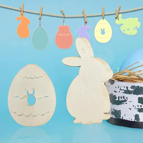 Miniatura 4 de AOCEAN Kit de manualidades de huevos de conejo, 100 piezas, recortes de madera y adornos colgantes con cordel, decoraciones de madera sin terminar