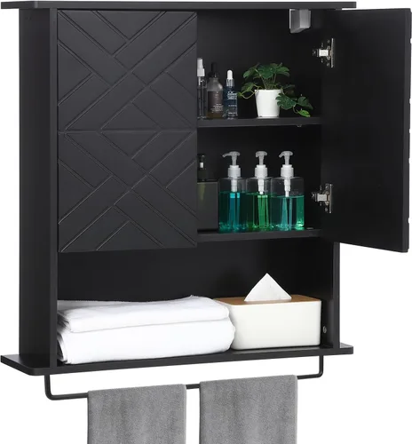 GAOMON Botiquín con dos puertas, armario de almacenamiento de madera para baño montado en la pared con estante ajustable y toallero, gabinete de 2