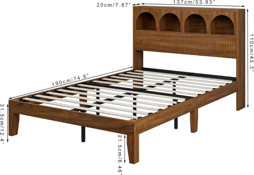 Miniatura 2 de Lxsxlome Base de cama matrimonial con cabecera ondulada, cabecera de almacenamiento con 4 compartimentos de almacenamiento arqueados, marco de cama