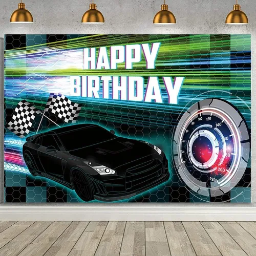Miniatura 12 de MEHOFOND Telón de fondo negro de 7 x 5 pies, decoración de fiesta de carreras para niños, cartel de fiesta de cumpleaños con temática de auto
