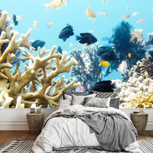 SIGNWIN Adhesivo de pared extraíble / mural vibrante amarillo coral azul peces océano animales realismo de la naturaleza, playa náutica colorido