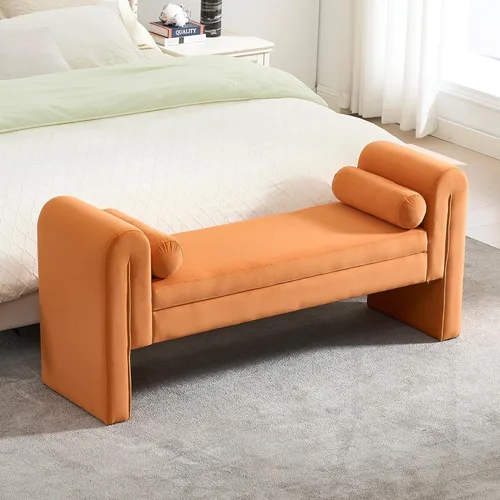 Miniatura 8 de Banco de almacenamiento de terciopelo para dormitorio, extremo de la cama con 2 almohadas, banco otomano tapizado con botones copetudos, reposapiés