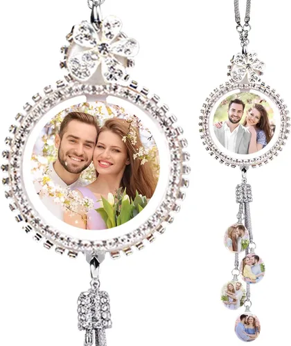 Miniatura 12 de Decoración de espejo retrovisor con foto personalizada: adornos de diamantes para mujer, accesorios lindos para automóviles