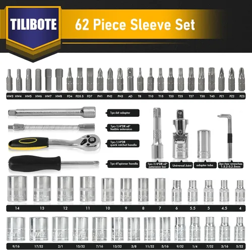 Miniatura 2 de Juego de llaves de vaso TILIBOTE, 62 piezas 1/4" juego de trinquete con 72 dientes, SAE y métrico de 5/32" - 9/16", 4mm - 14mm, juego