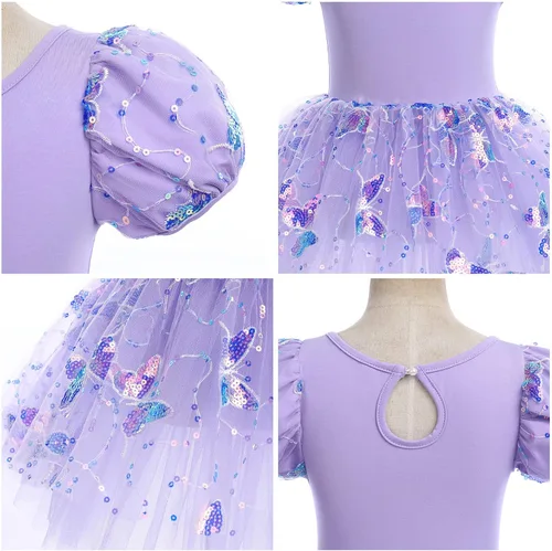 Miniatura 6 de Leotardos de ballet para niñas, 4 colores, mariposa, lentejuelas brillantes, vestido tutú de baile, manga abombada, ojo de cerradura en la espalda