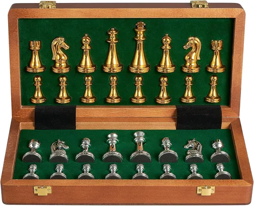 Miniatura 2 de BIVOMON Juego de ajedrez de metal para adultos y niños, tablero de ajedrez de madera plegable de 12 pulgadas con piezas de ajedrez de metal, juego