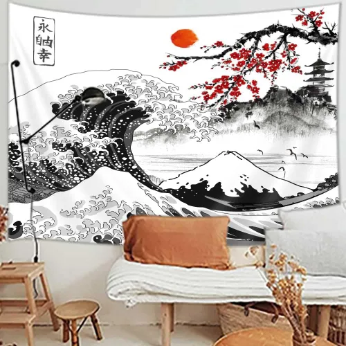 Miniatura 11 de Viajar Japanese Cherry Blossom Tapestry, Pink Sakura Landscape Wall Hanging with Red Moon Pagoda Bridge Waterfall, Asian Aesthetic Wall Decor for