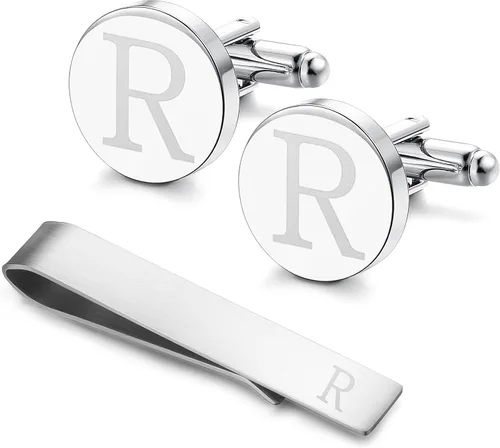 Miniatura 42 de LOYALLOOK - Gemelos de acero inoxidable grabados con inicial y clip de corbata, diseño de letras del alfabeto con caja de regalo, A-Z