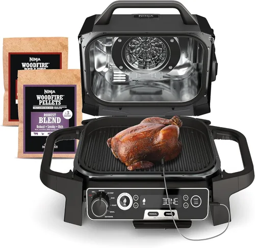 Parrilla de exterior Ninja OG751 Woodfire Pro con termómetro incorporado, parrilla Master 7 en 1, ahumador de barbacoa y freidora de aire para