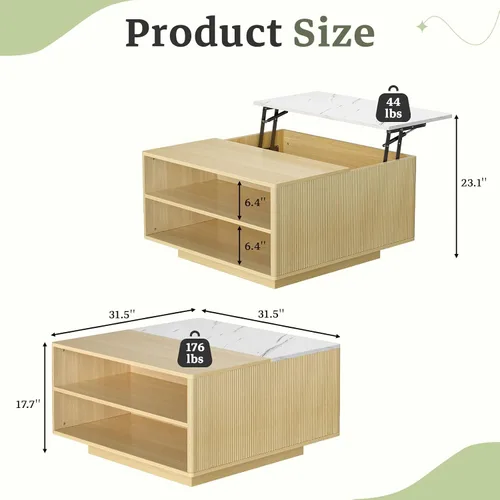 Miniatura 2 de Mesa de centro elevable con almacenamiento, mesa cuadrada central de madera natural estriada con almacenamiento abierto, mesa central para sala