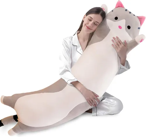 Miniatura 24 de shangman Bonita muñeca de gato de peluche, bonita almohada de peluche suave de caricaturas, almohada larga para dormir, regalo del día de San Negro