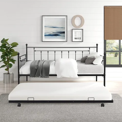 Miniatura 10 de Sofá cama de marco metálico de tamaño individual con ruedas extraíbles, soporte de sofá cama de listones de acero resistente para invitados, sofá