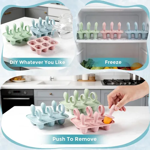 Miniatura 3 de Moldes de silicona para paletas de bebé, 6 cavidades para niños pequeños, molde para helado con palitos para jugo de frutas, yogur, moldes de Rosa