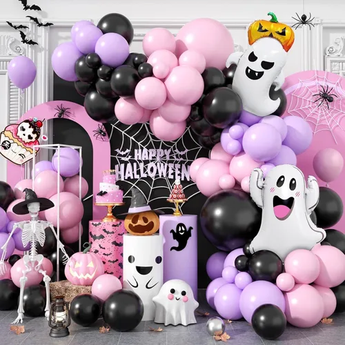 Miniatura 9 de Kit de guirnalda de arco de globos de Halloween, globos negros y rosados, globos de murciélago de aluminio fantasma para la familia, fondo de fiesta