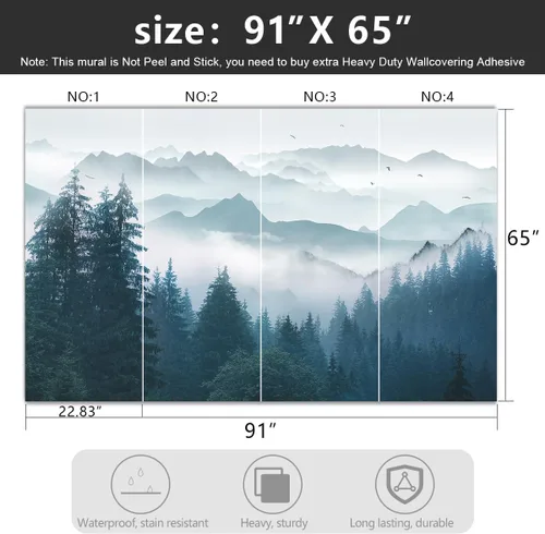 Miniatura 4 de Mural de pared de bosque nebuloso con escena de pino, papel tapiz de tela para sala de estar, dormitorio, baño, mural de montaña - 91"x65