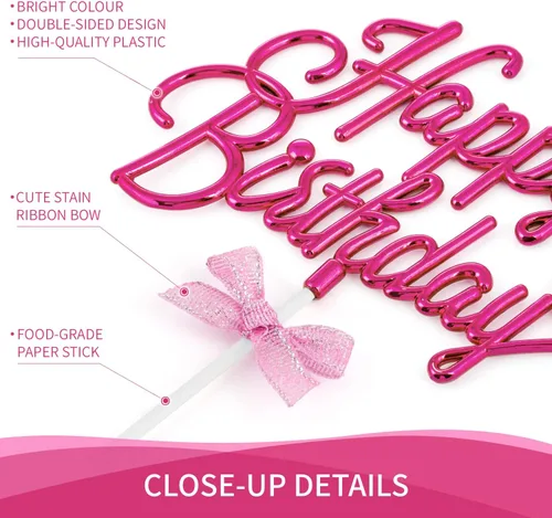 Miniatura 2 de Decoración de pastel de feliz cumpleaños rosa intenso – Cartel de feliz cumpleaños 3D de doble cara para pastel con lazo, idea para decoración