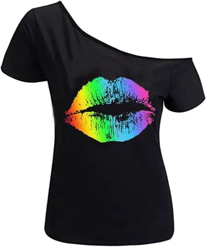 Miniatura 18 de MAGICMK - Camiseta casual para mujer, con estampado de labios y hombro descubierto, talla extragrande