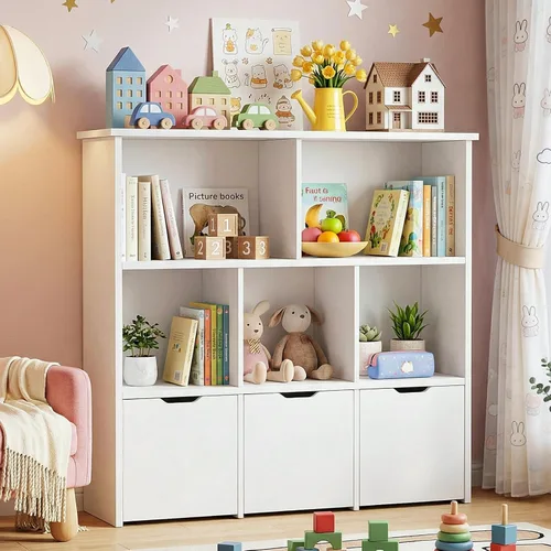 Miniatura 7 de Teckid Organizador de almacenamiento de juguetes con 3 cajones móviles y 5 cubos abiertos, estantería para niños y armario de almacenamiento