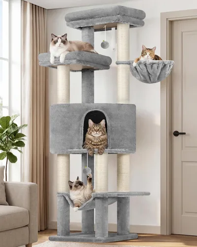 Miniatura 8 de Globlazer Torre de árbol alto para gatos adultos grandes, torre rascador grande de varios niveles de 65 pulgadas con hamaca, 6 postes rascadores