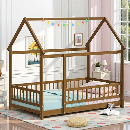 LLS Base de cama Montessori tamaño individual para piso con listones y valla, cama de casa de madera para dormitorio de niños y niñas, color