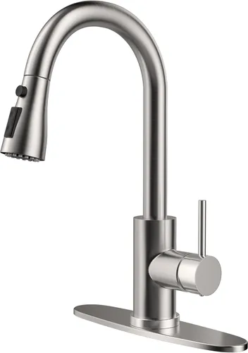 Grifo de cocina con rociador desplegable de un solo mango, arco alto, acero inoxidable comercial, níquel cepillado, grifo para fregadero de cocina