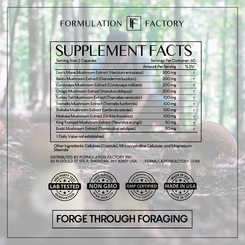 Miniatura 8 de Formulation Factory Shroom Vroom Suplemento de hongos 10 en 1, melena de león, reishi, cordyceps, chaga, cola de pavo, tremella, shiitake, maitake