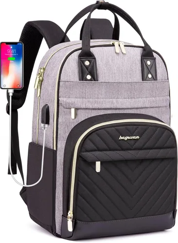 Miniatura 35 de Mochila para laptop para mujer, mochila de viaje de trabajo de 15.6 pulgadas con cargador USB, mochila universitaria impermeable, mochila
