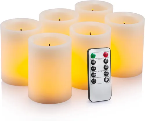 Velas LED sin llama parpadeo 3 in x 4 in con 10 teclas control remoto, temporizador clásico pilar fibra óptica mecha velas de cera real, funciona