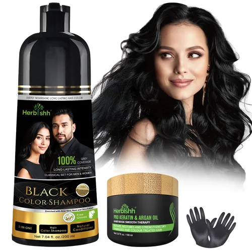 Miniatura 16 de Herbishh Paquete de Viaje Champú Tinte para el Cabello en Sobre + 1 Sobre de Mascarilla Capilar de Argán (Negro, 1 sobre)