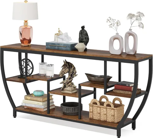 Miniatura 8 de Tribesigns - Mesa de sofá larga de 70.9 pulgadas con estantes, mesa consola rústica con almacenamiento, mesa de entrada industrial, soporte para TV