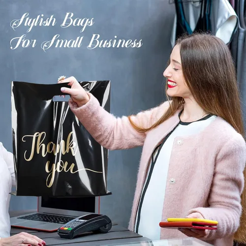 Miniatura 5 de ZORRITA Paquete de 100 bolsas de agradecimiento para pequeñas empresas, bolsas de plástico de 15 x 18 pulgadas con asas, bolsa de mercancía al por