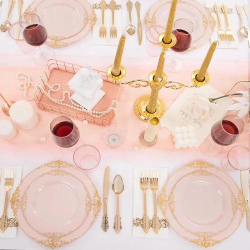 Miniatura 6 de Morejoy 175 platos de plástico rosa, juegos de platos desechables rosa y dorado, incluye 25 platos llanos, 25 platos de postre, 25 juegos de rosa