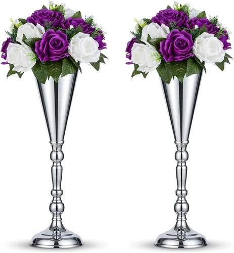 Miniatura 17 de 2 piezas de jarrón de metal para mesa de boda con flores en forma de trompeta, centro de mesa decorativo de 9.8 pulgadas, arreglos de flores