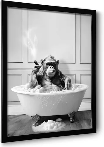 Arte de pared enmarcado para decoración de baño, chimpancé en la bañera, arte de pared en blanco y negro, divertidos letreros de decoración de pared