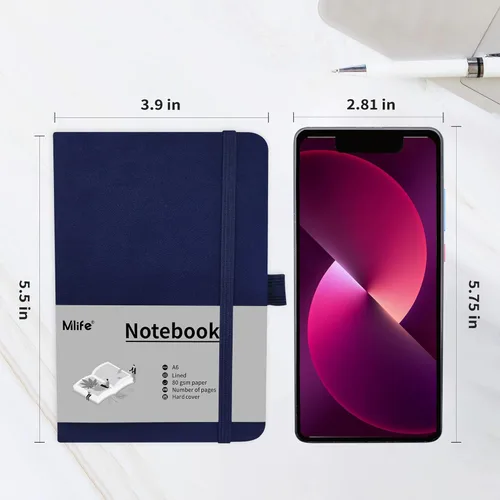 Miniatura 2 de Cuaderno pequeño A6, cuaderno de bolsillo forrado con soporte para bolígrafo, mini cuaderno de tapa dura, 192 páginas, 3.9 x 5.5 pulgadas Jurnal Azul
